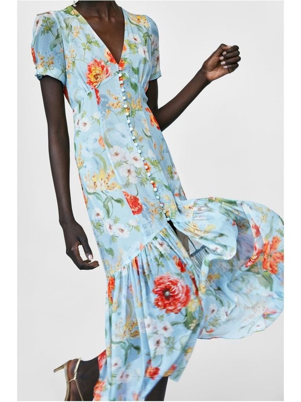Zara Blue Floral V-Neck Button-Front Maxi Dress size small